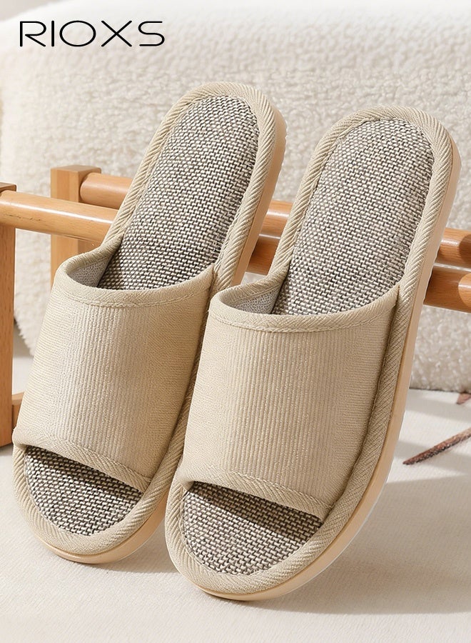 RIOXS 3 Pair Unisex Open Toe Summer House Slippers, Lightweight Breathable Slippers for Men and Women, Comfortable Slip On Slides Sandals, Washable Reusable Silent Slide Slippers for Guests, Non Slip Spa Slipper for Home Bedroom, Hotel, Travel, Beige - Image 2